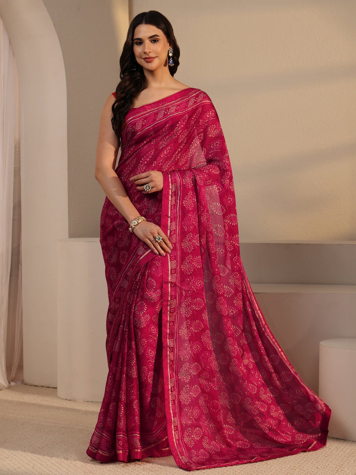 Mameraa Red Block Printed Silk Blend Saree