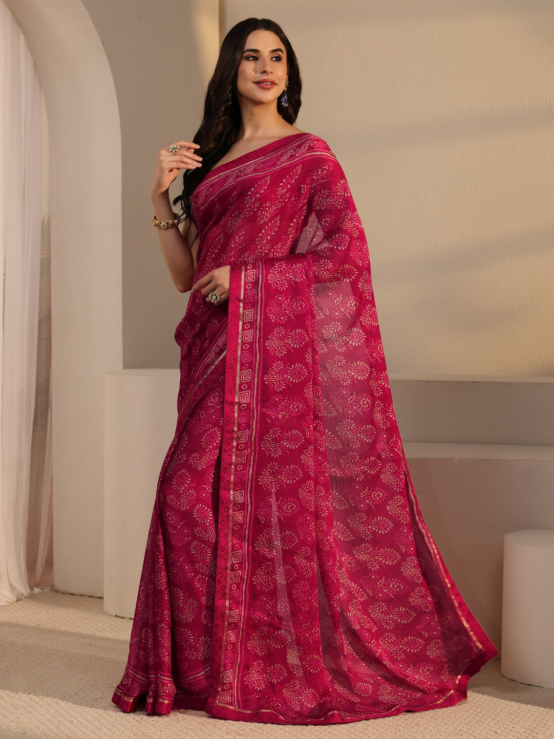 Mameraa Red Block Printed Silk Blend Saree