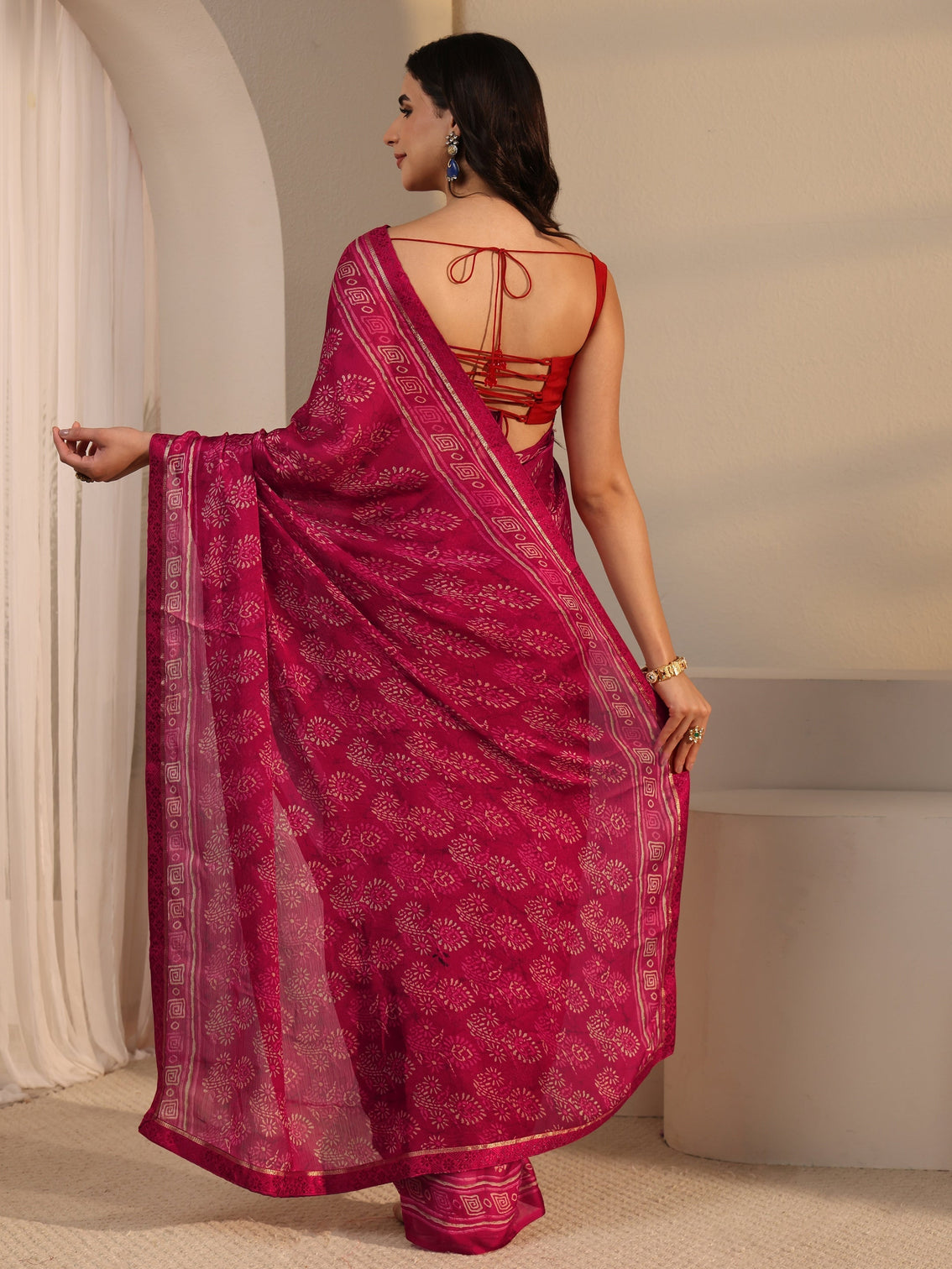 Mameraa Red Block Printed Silk Blend Saree
