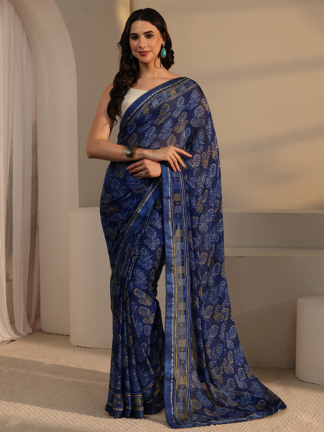 Mameraa Blue Block Printed Chiffon Saree