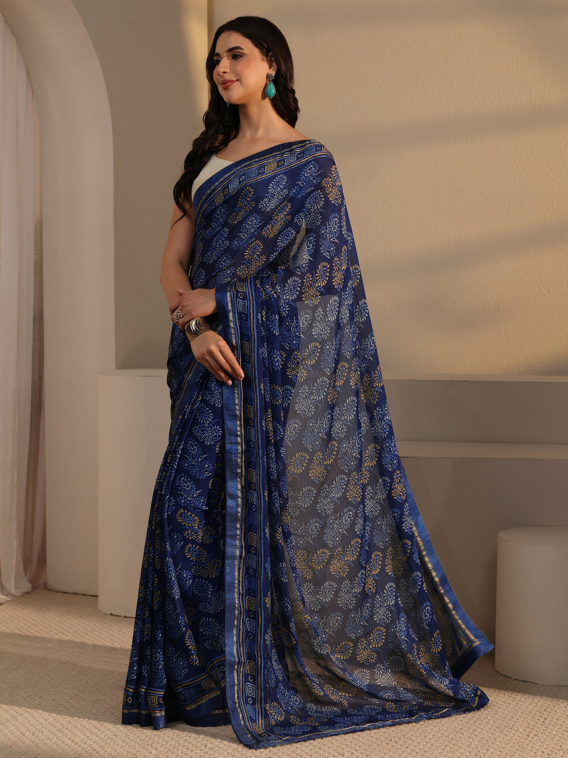 Mameraa Blue Block Printed Chiffon Saree