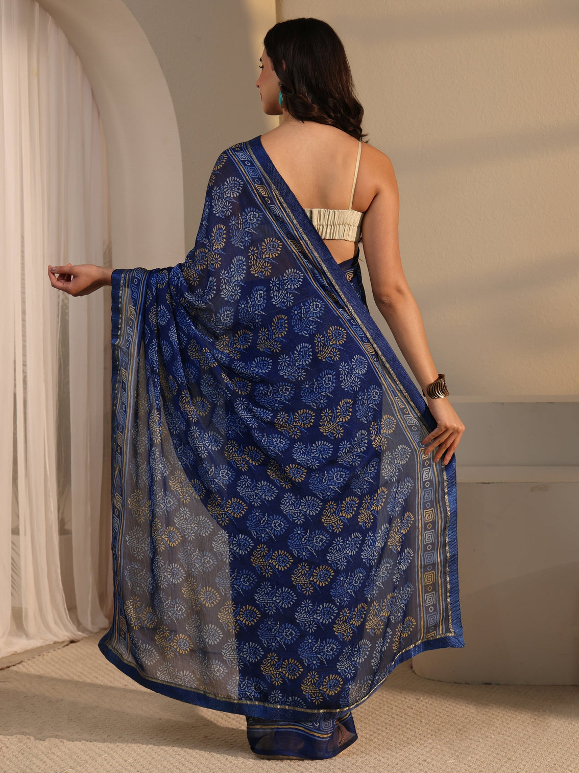 Mameraa Blue Block Printed Chiffon Saree