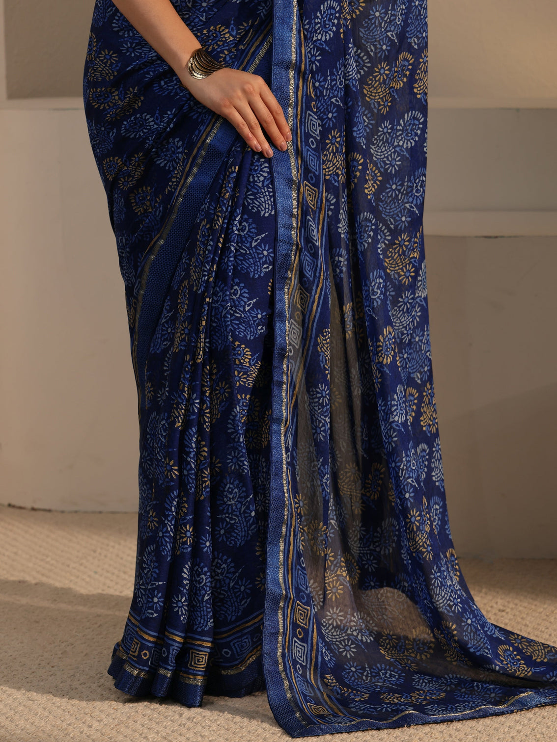 Mameraa Blue Block Printed Chiffon Saree