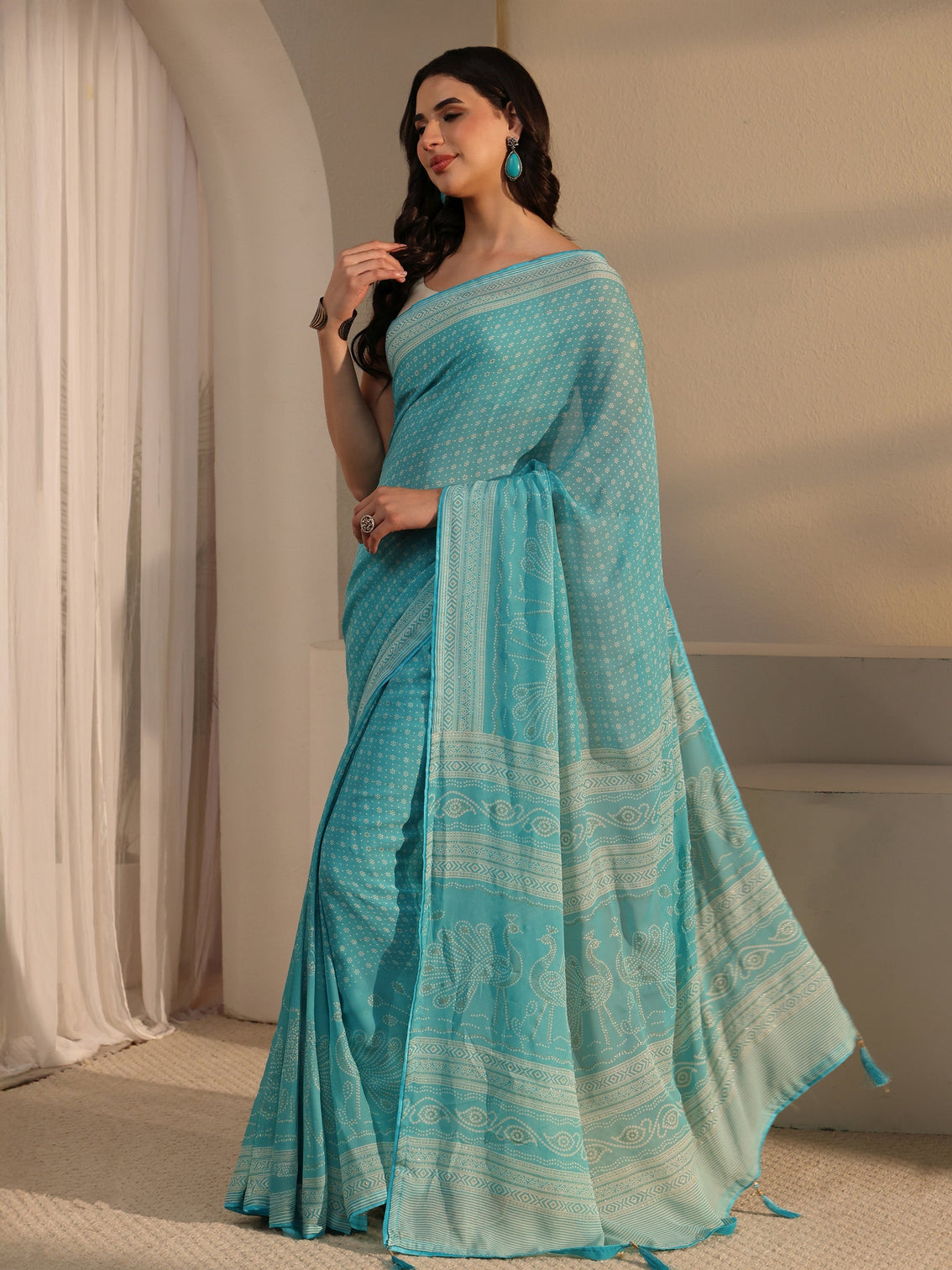 Mameraa Sky Blue Bandhani Printed Georgette Saree