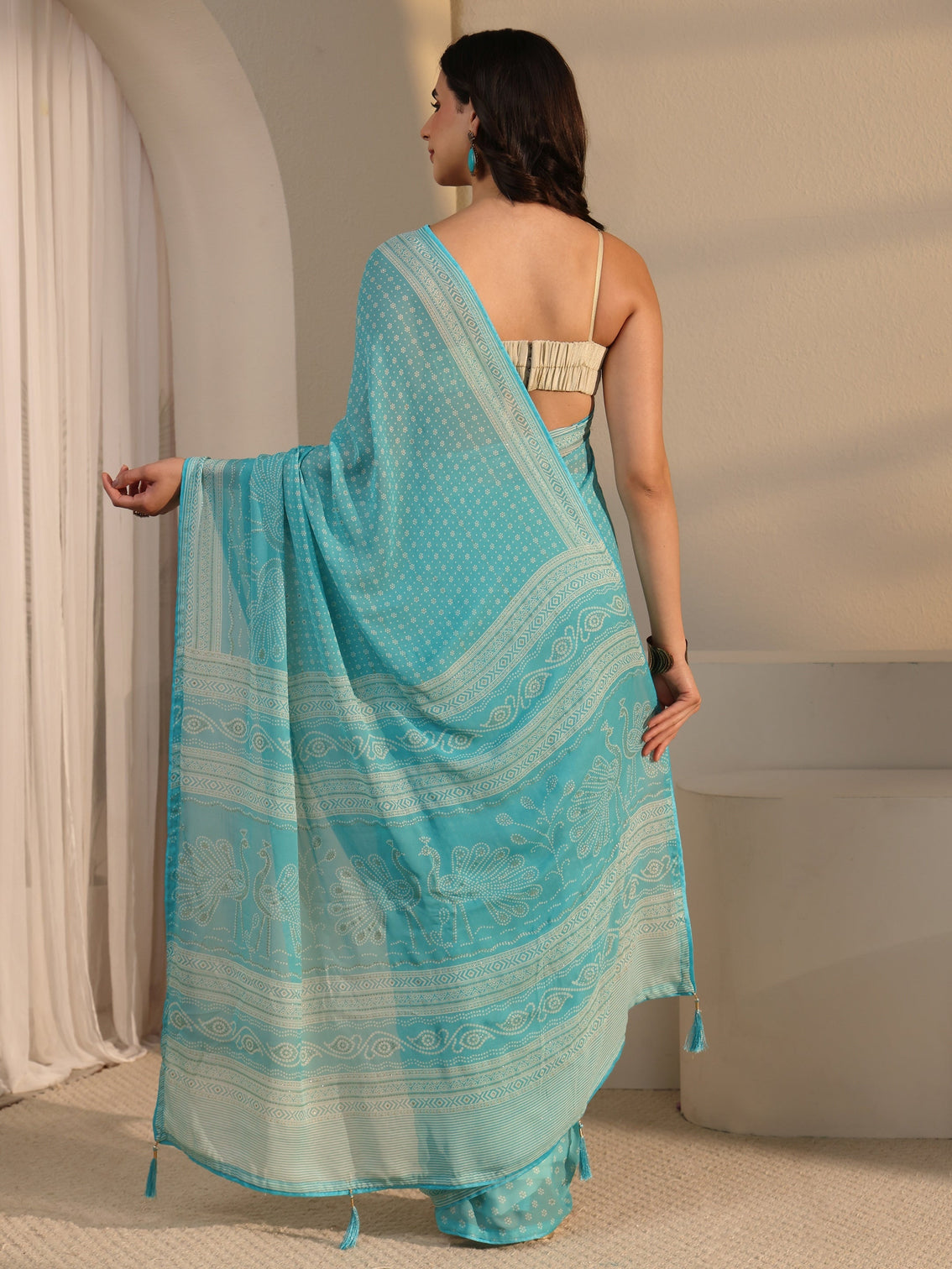 Mameraa Sky Blue Bandhani Printed Georgette Saree