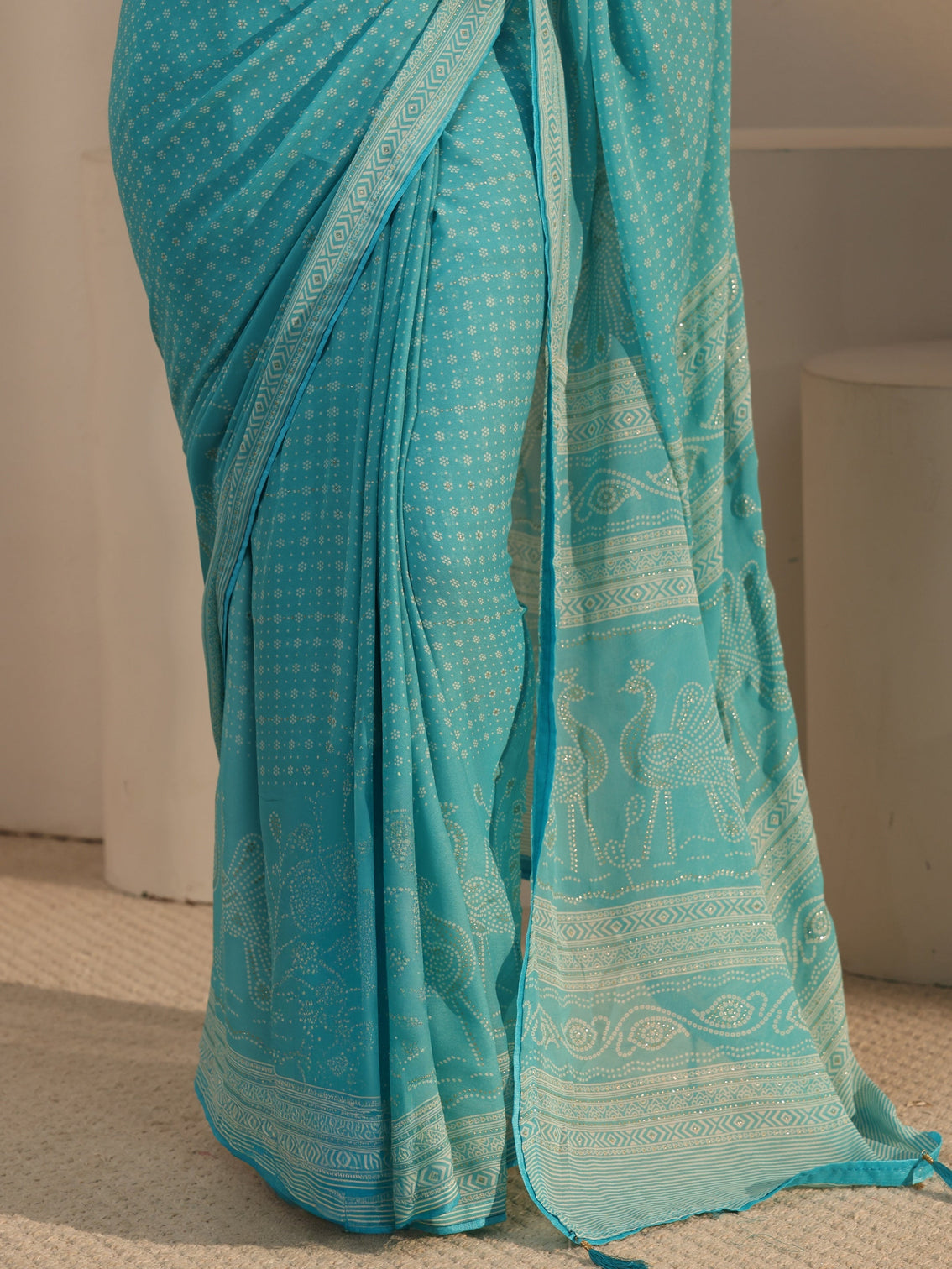 Mameraa Sky Blue Bandhani Printed Georgette Saree