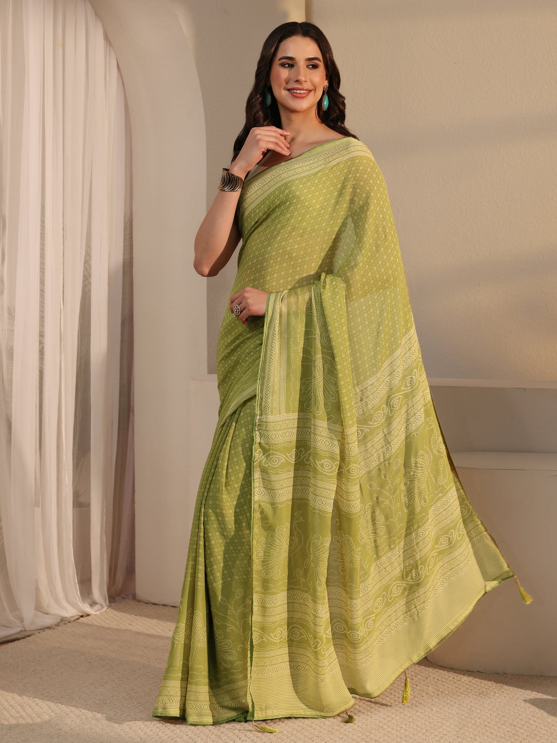 Mameraa Pista Green Bandhani Printed Georgette Saree