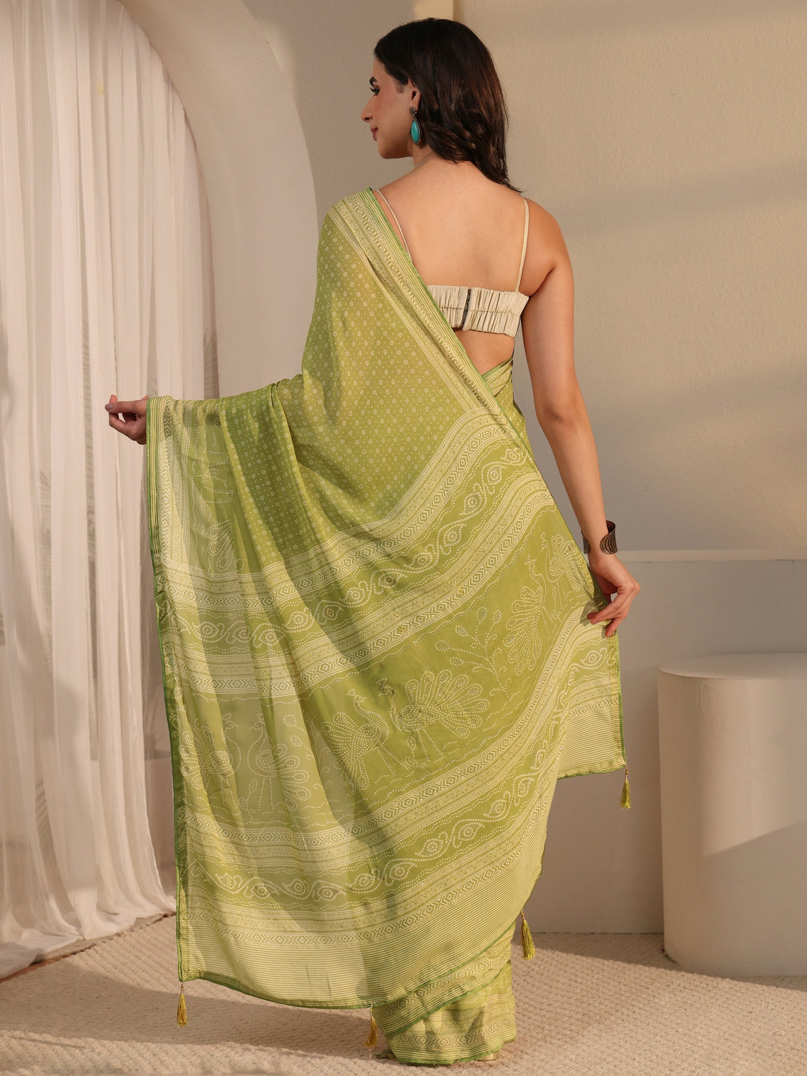 Mameraa Pista Green Bandhani Printed Georgette Saree