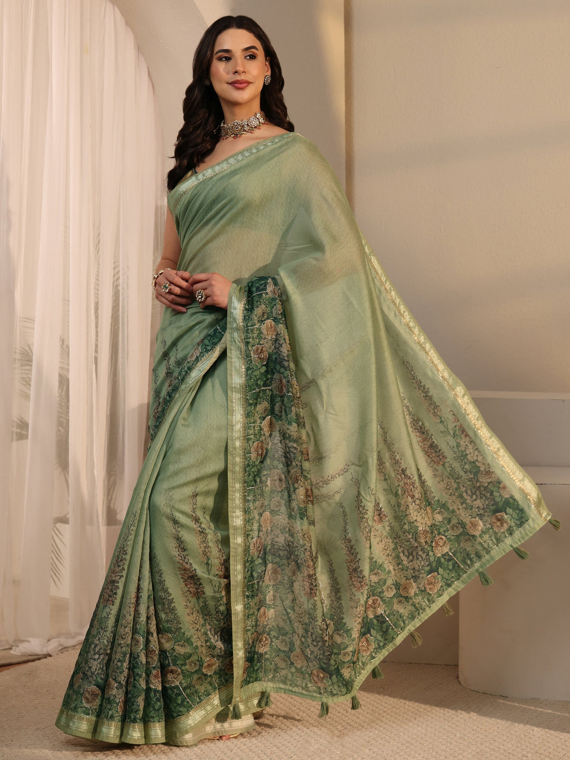 Mameraa Green Floral Printed Cotton Blend Tassel Saree
