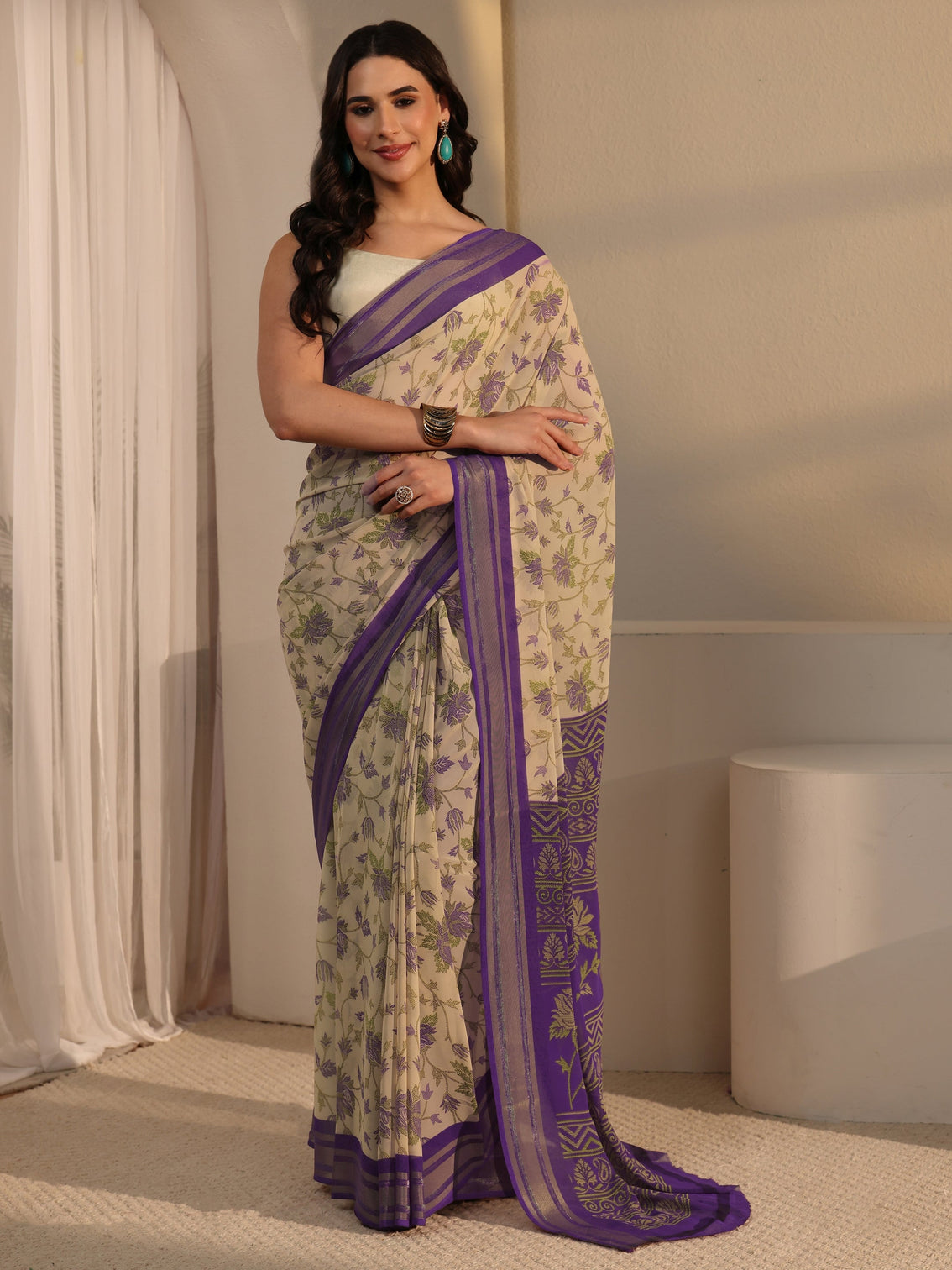 Mameraa Beige Floral Printed Silk Blend Saree