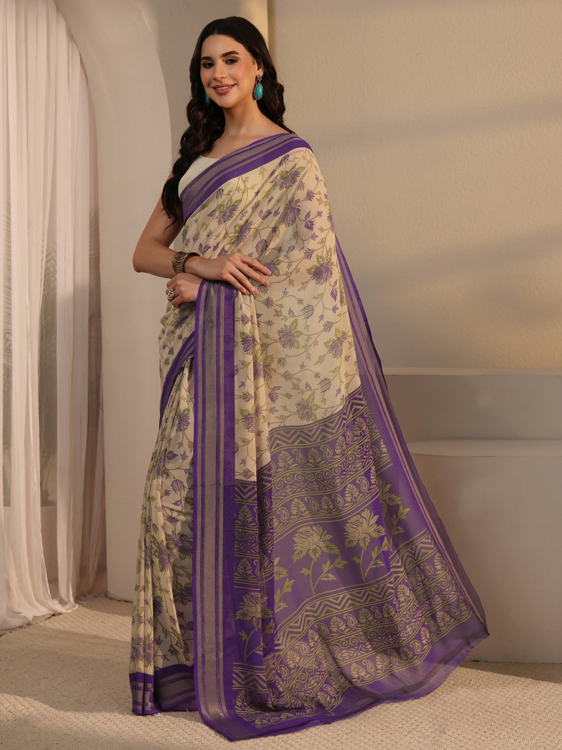 Mameraa Beige Floral Printed Silk Blend Saree