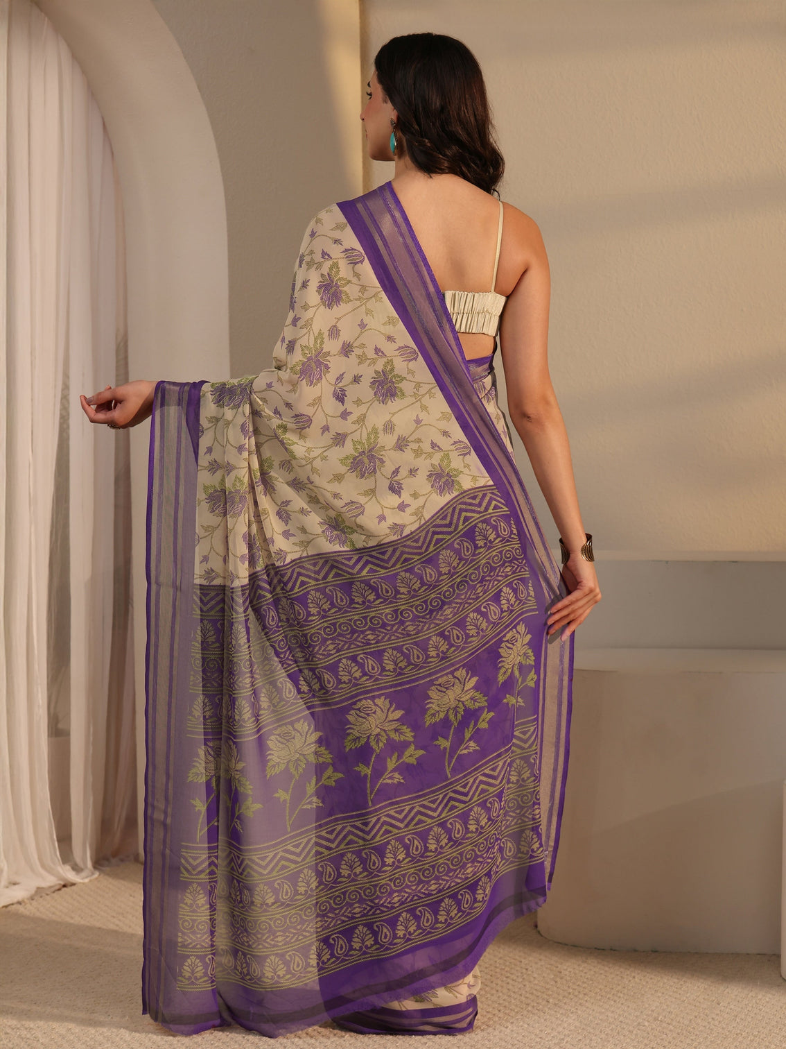 Mameraa Beige Floral Printed Silk Blend Saree