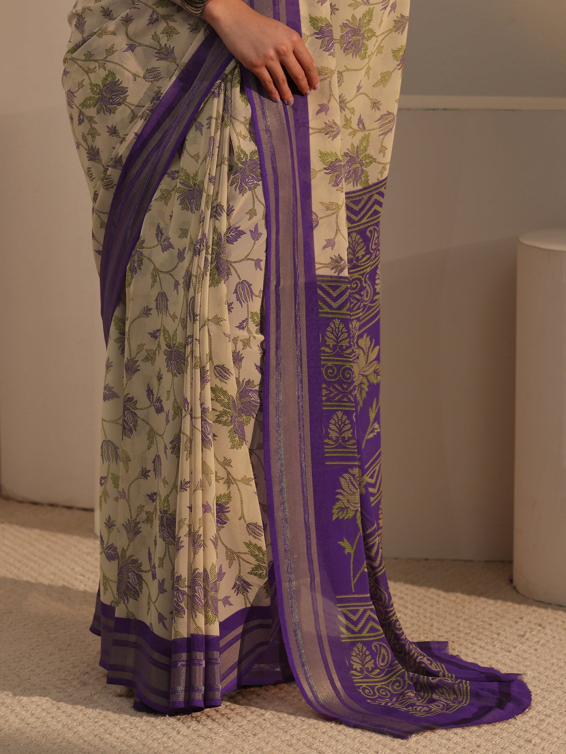 Mameraa Beige Floral Printed Silk Blend Saree
