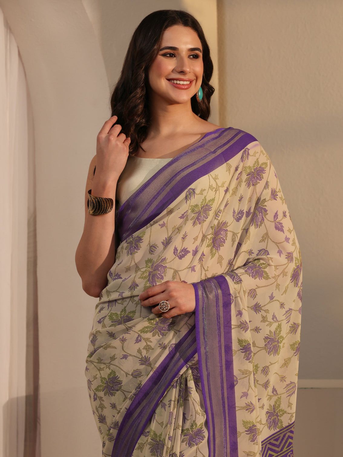 Mameraa Beige Floral Printed Silk Blend Saree