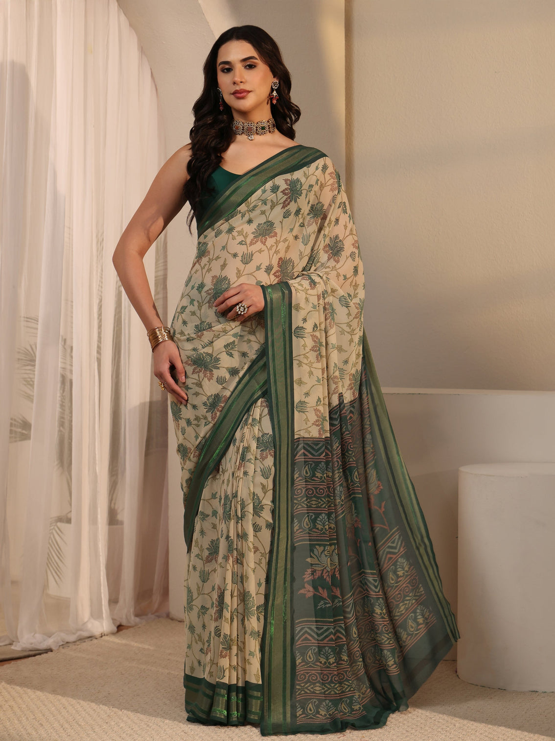 Mameraa Beige Floral Printed Silk Blend Saree