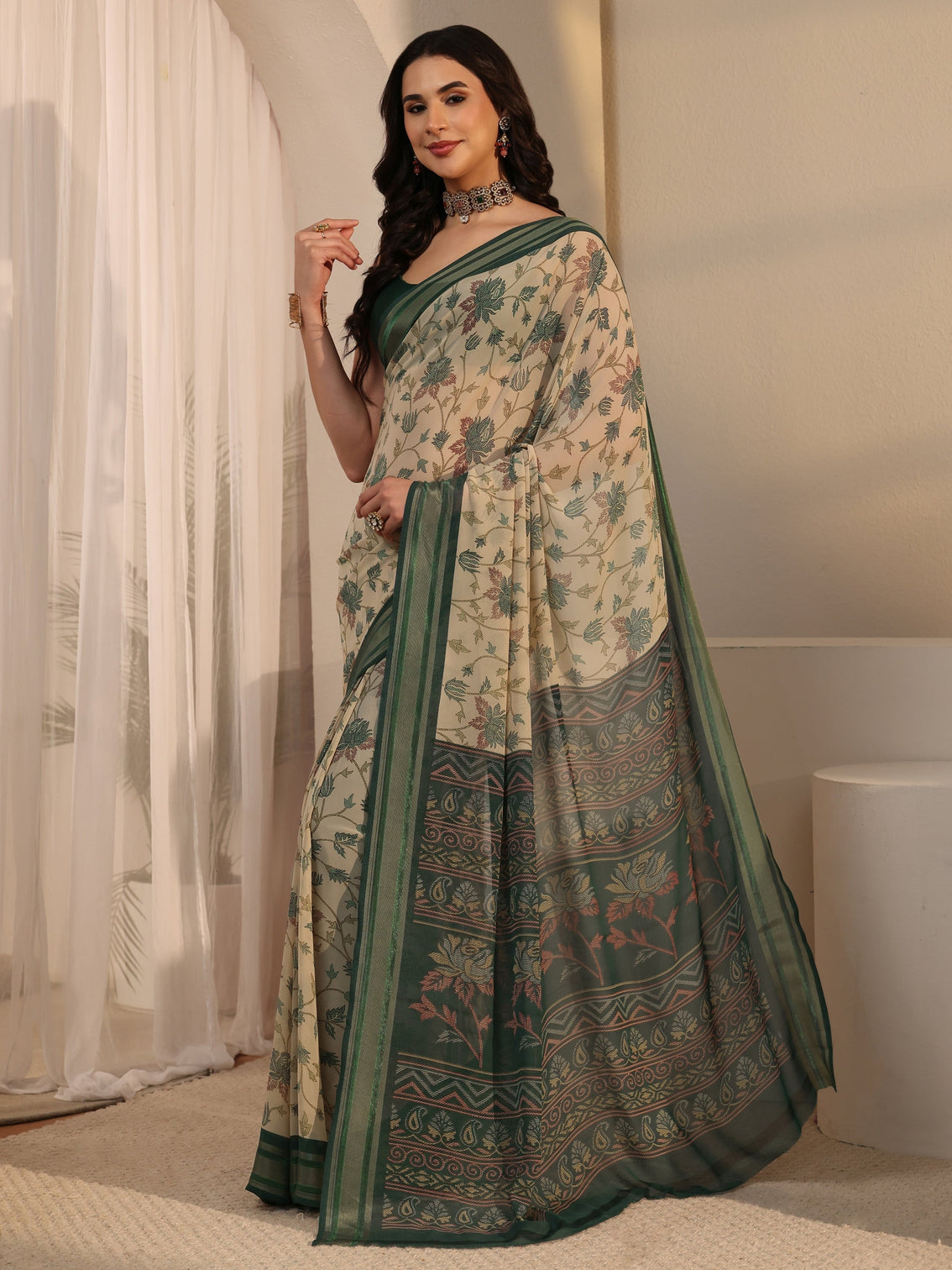 Mameraa Beige Floral Printed Silk Blend Saree
