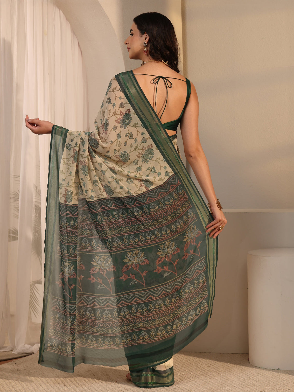 Mameraa Beige Floral Printed Silk Blend Saree