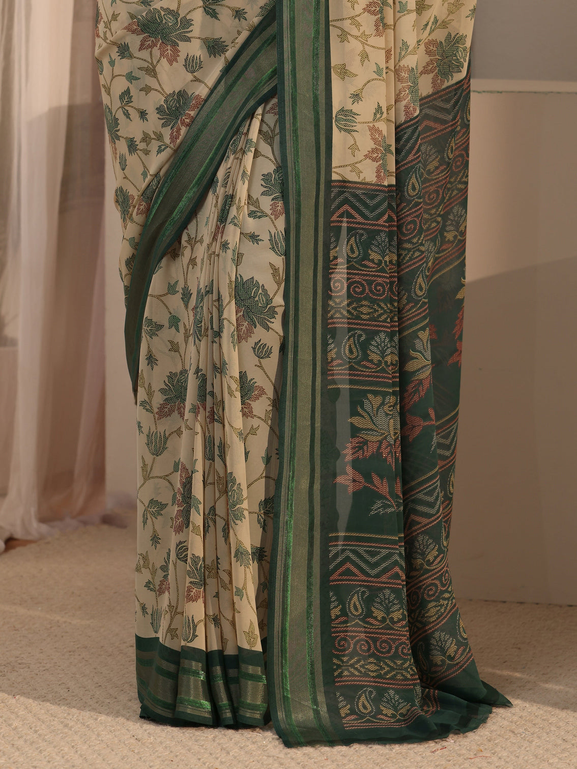 Mameraa Beige Floral Printed Silk Blend Saree