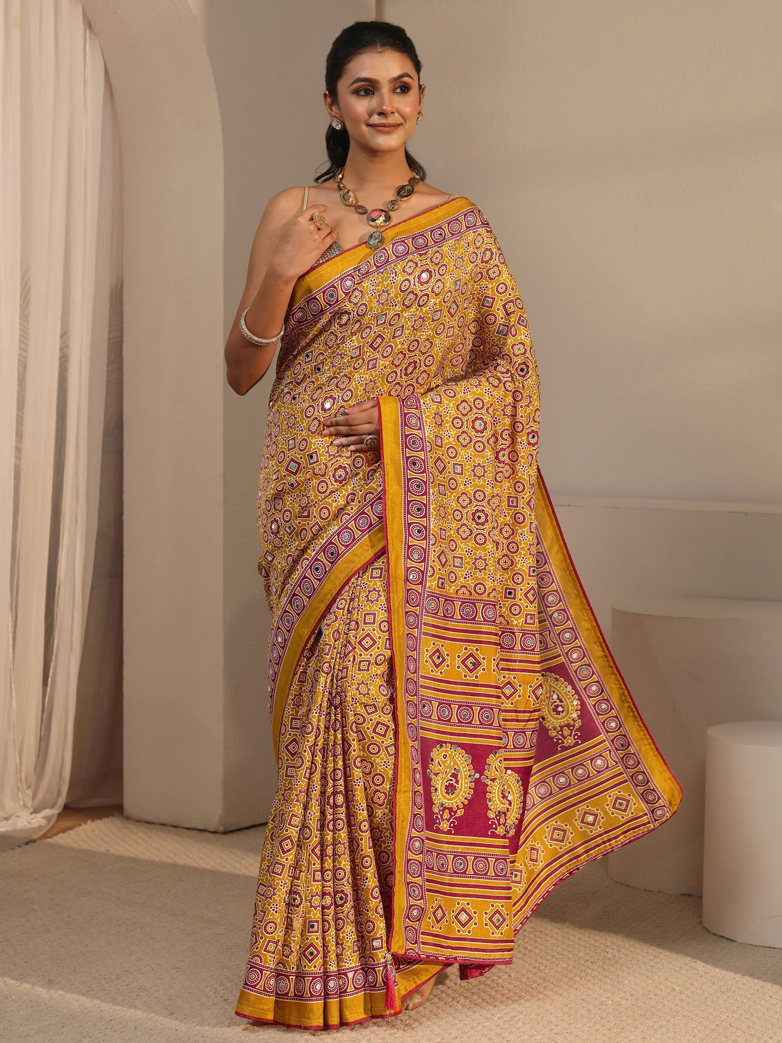 Mameraa Mustard Ajrakh Printed Silk Blend Saree