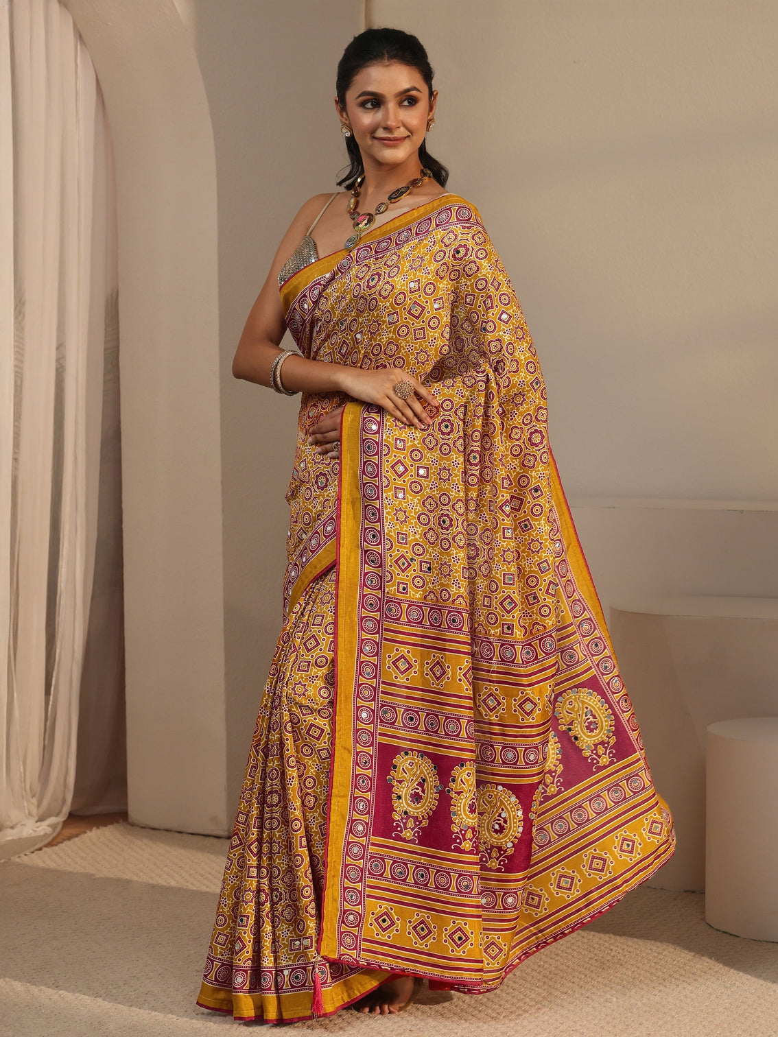 Mameraa Mustard Ajrakh Printed Silk Blend Saree