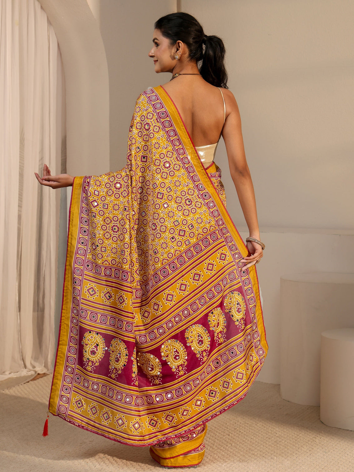 Mameraa Mustard Ajrakh Printed Silk Blend Saree