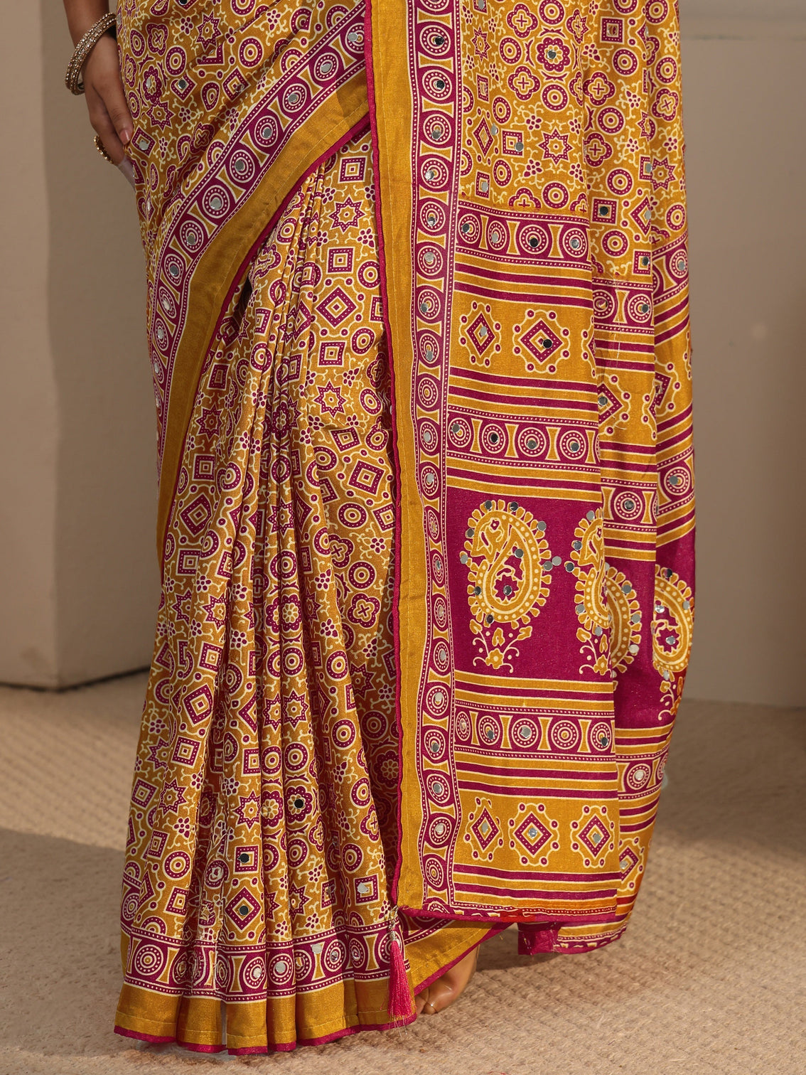 Mameraa Mustard Ajrakh Printed Silk Blend Saree