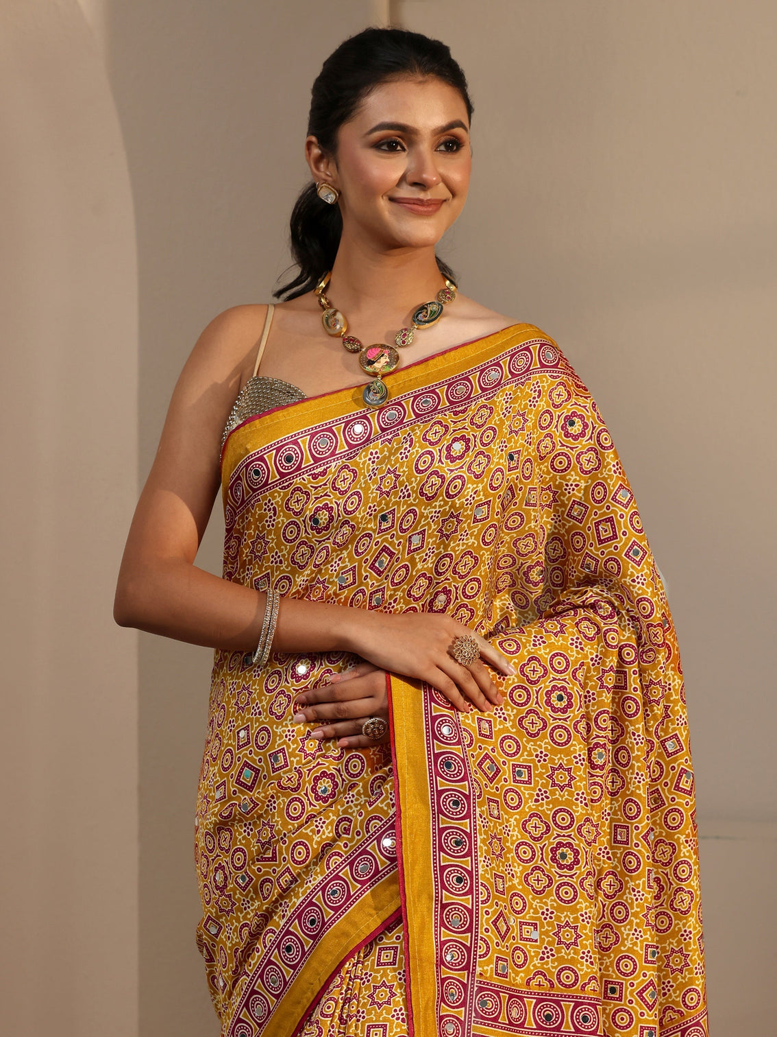 Mameraa Mustard Ajrakh Printed Silk Blend Saree