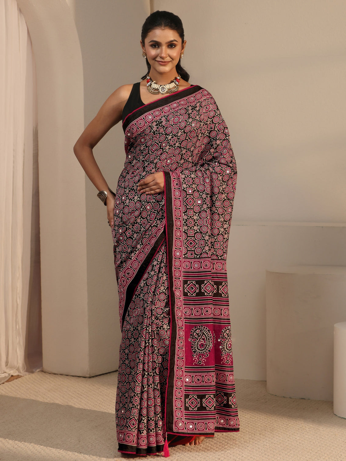 Mameraa Black Ajrakh Printed Silk Blend Saree