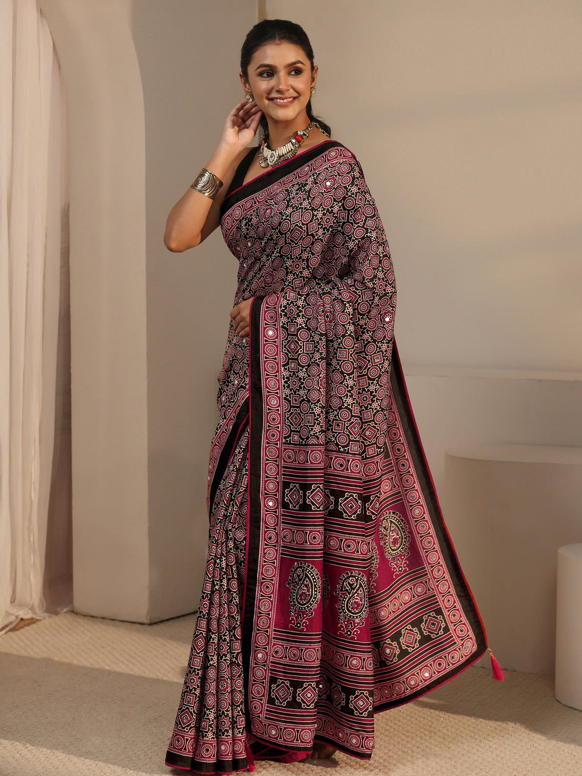 Mameraa Black Ajrakh Printed Silk Blend Saree
