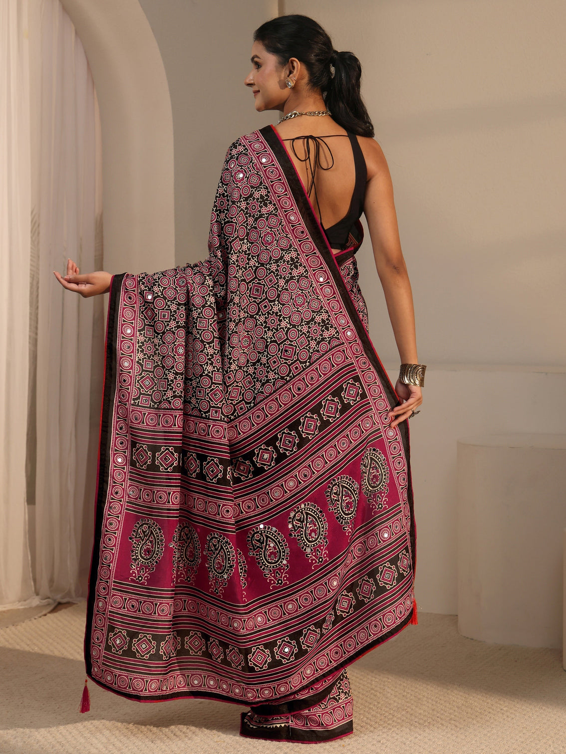 Mameraa Black Ajrakh Printed Silk Blend Saree