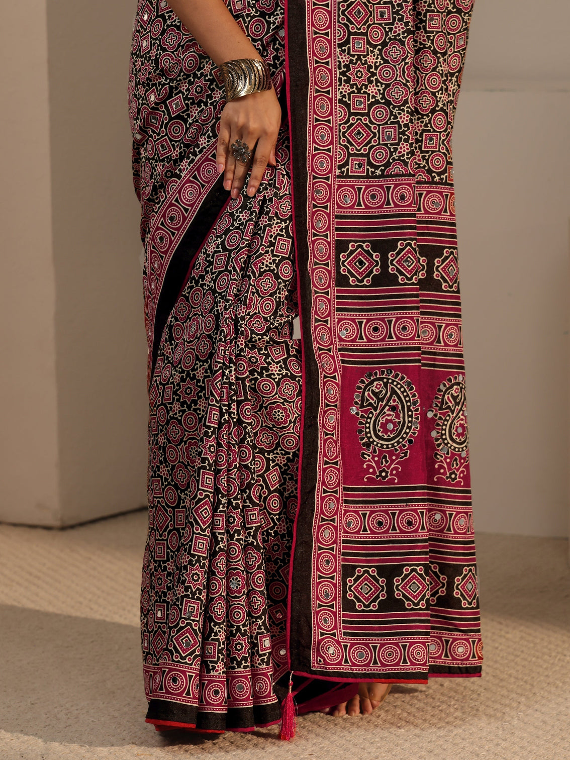 Mameraa Black Ajrakh Printed Silk Blend Saree