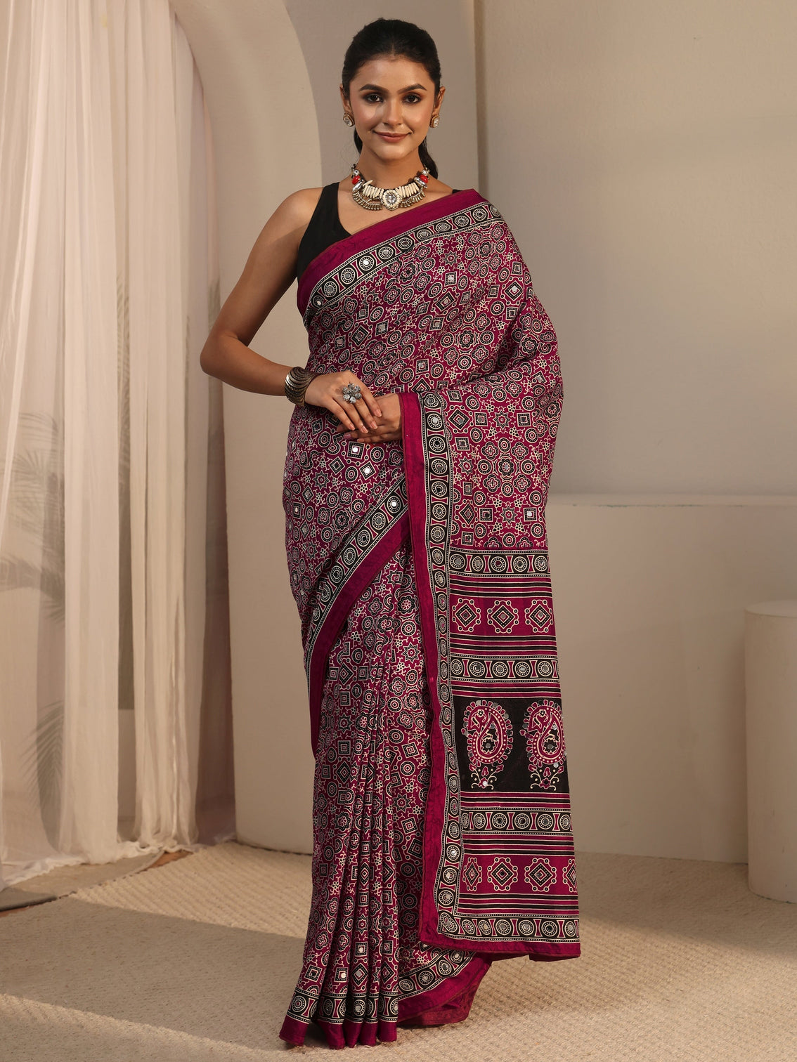 Mameraa Maroon Ajrakh Printed Silk Blend Saree