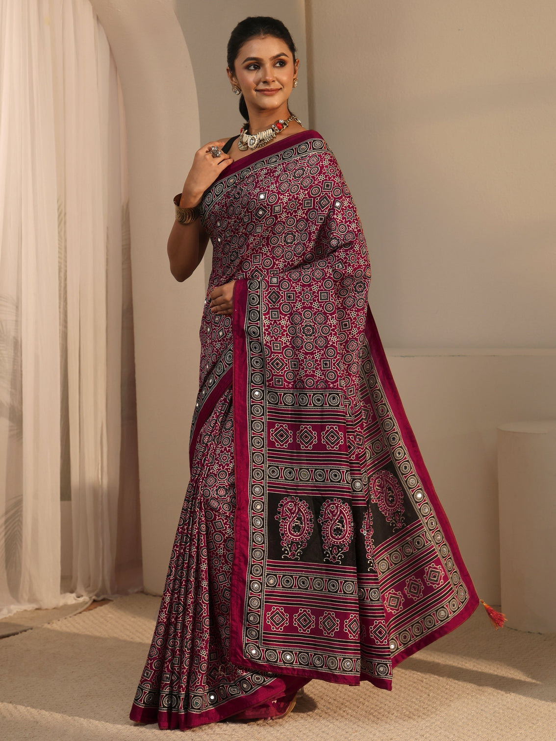 Mameraa Maroon Ajrakh Printed Silk Blend Saree
