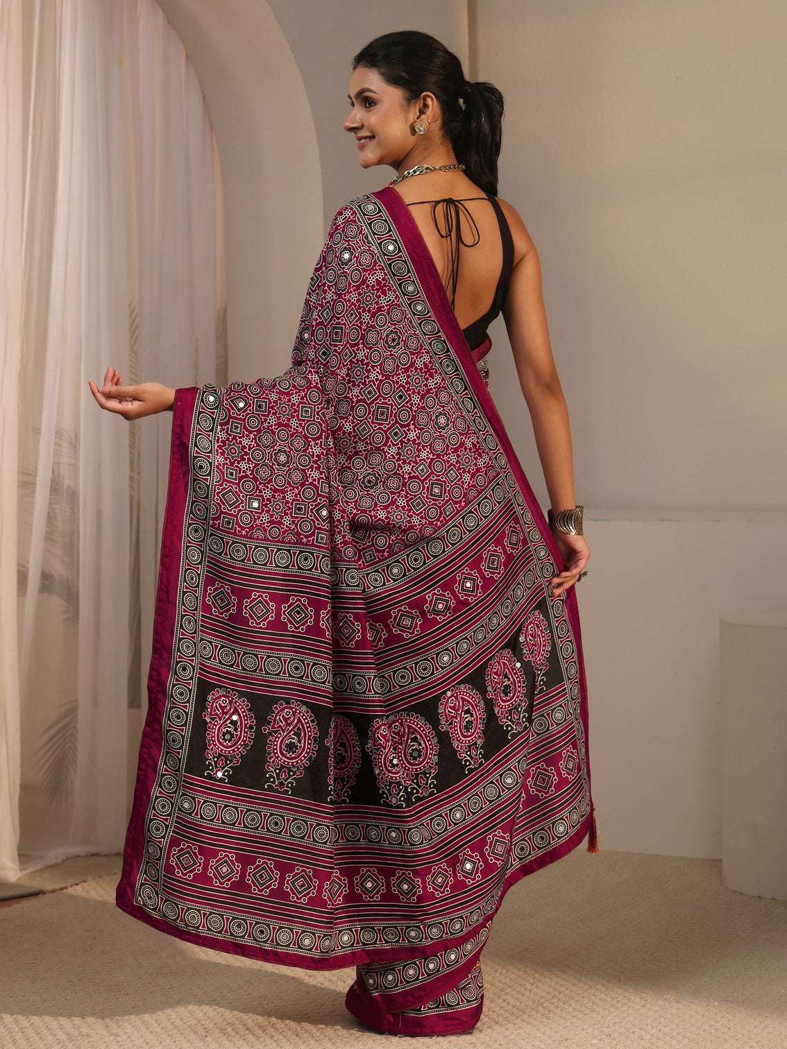 Mameraa Maroon Ajrakh Printed Silk Blend Saree