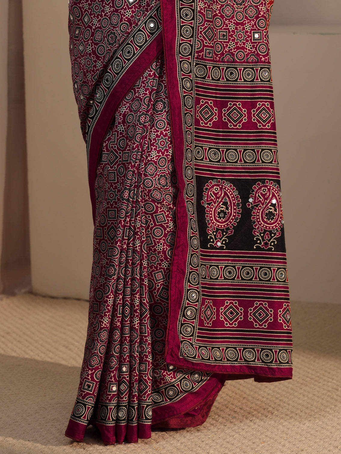 Mameraa Maroon Ajrakh Printed Silk Blend Saree