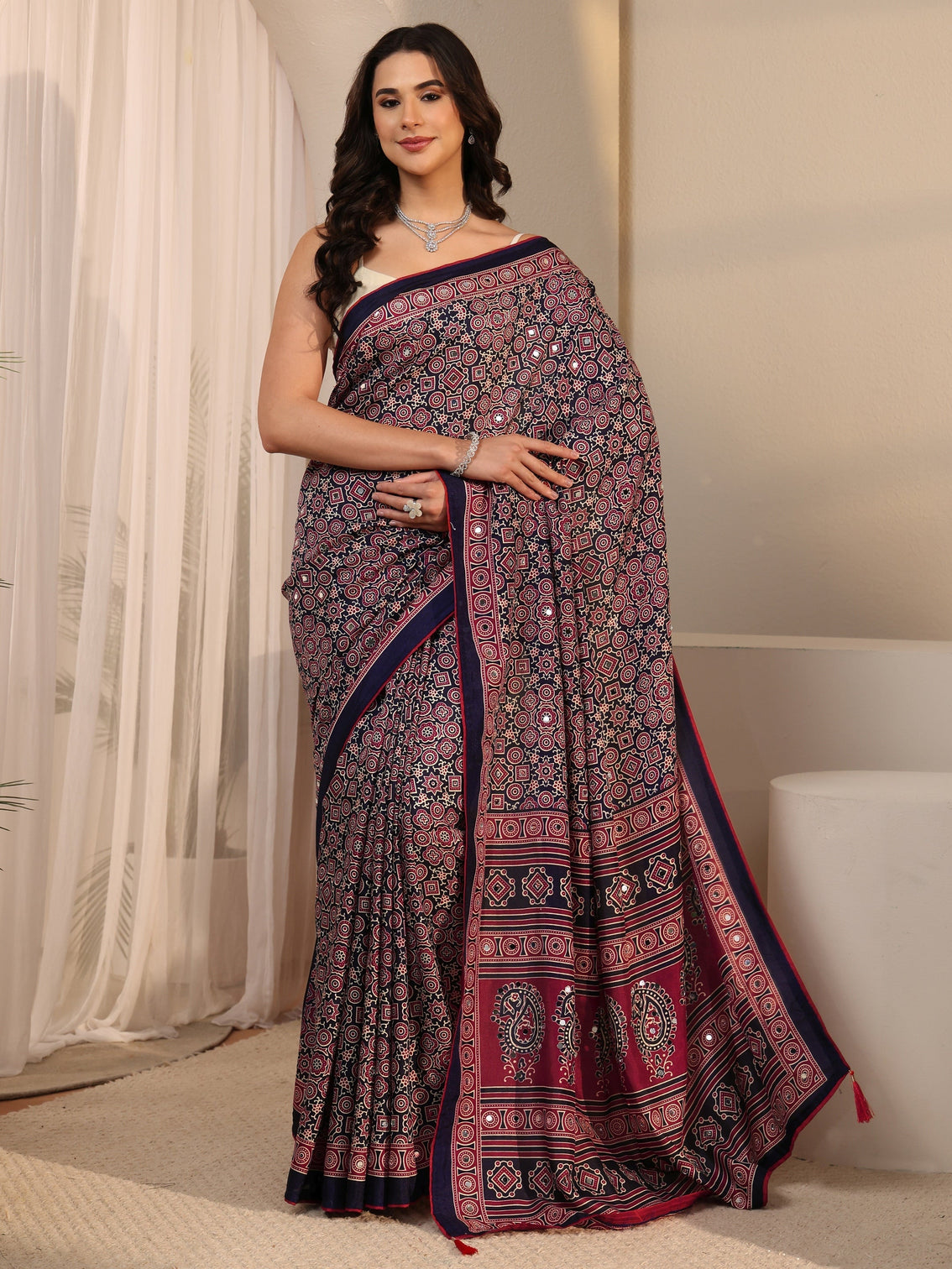 Mameraa Blue Ajrakh Printed Silk Blend Saree