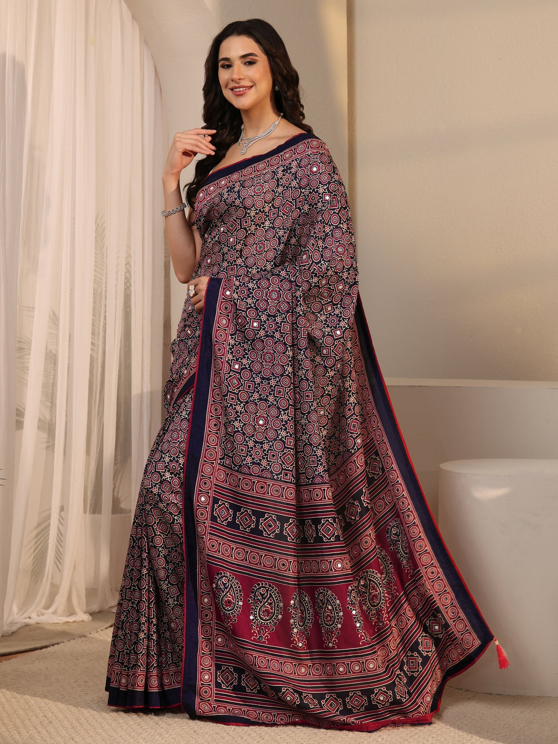 Mameraa Blue Ajrakh Printed Silk Blend Saree