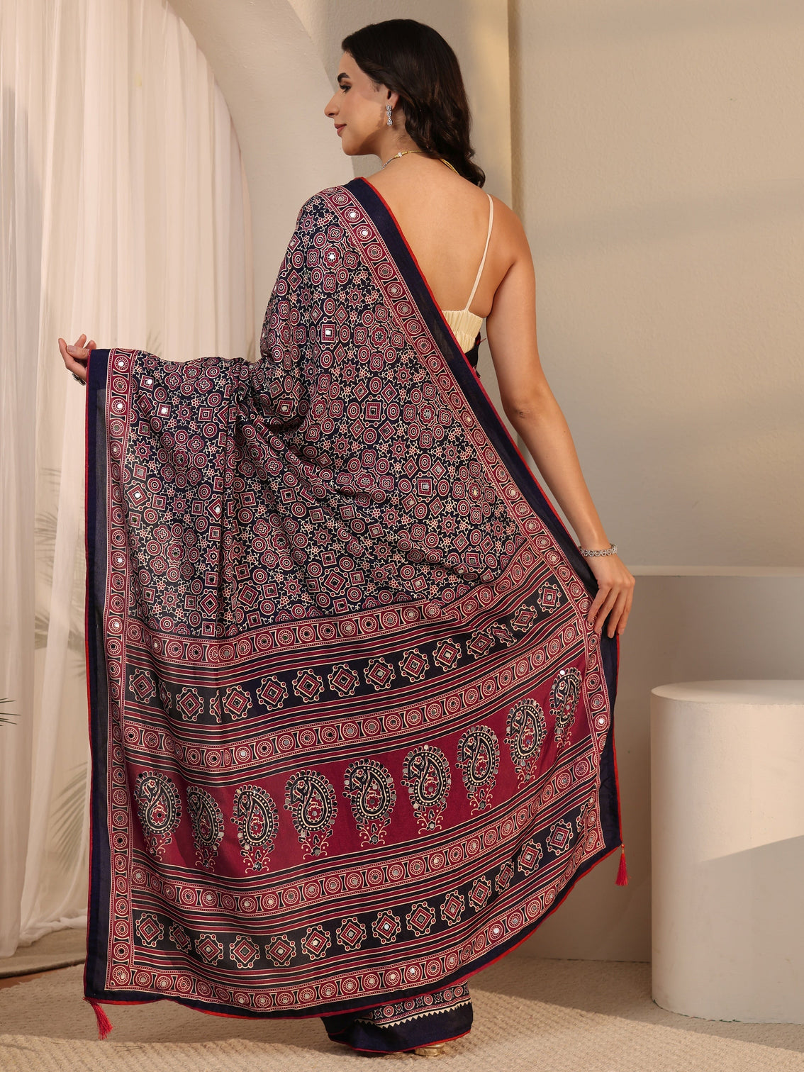 Mameraa Blue Ajrakh Printed Silk Blend Saree