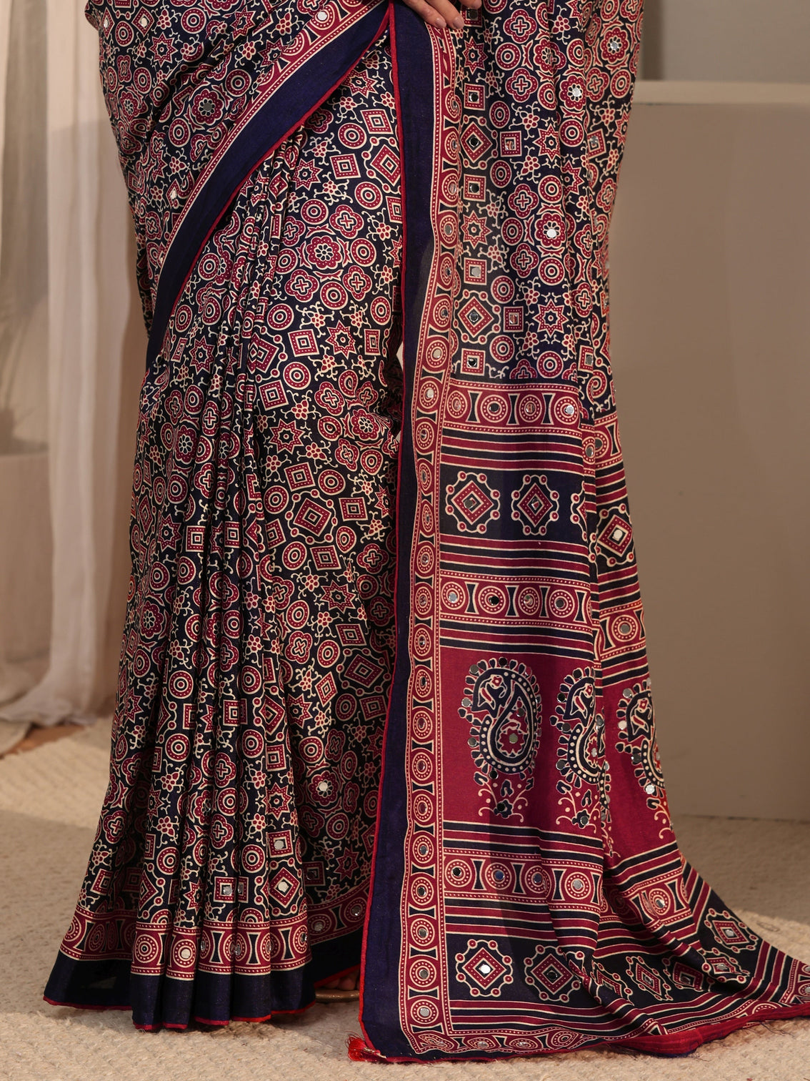 Mameraa Blue Ajrakh Printed Silk Blend Saree
