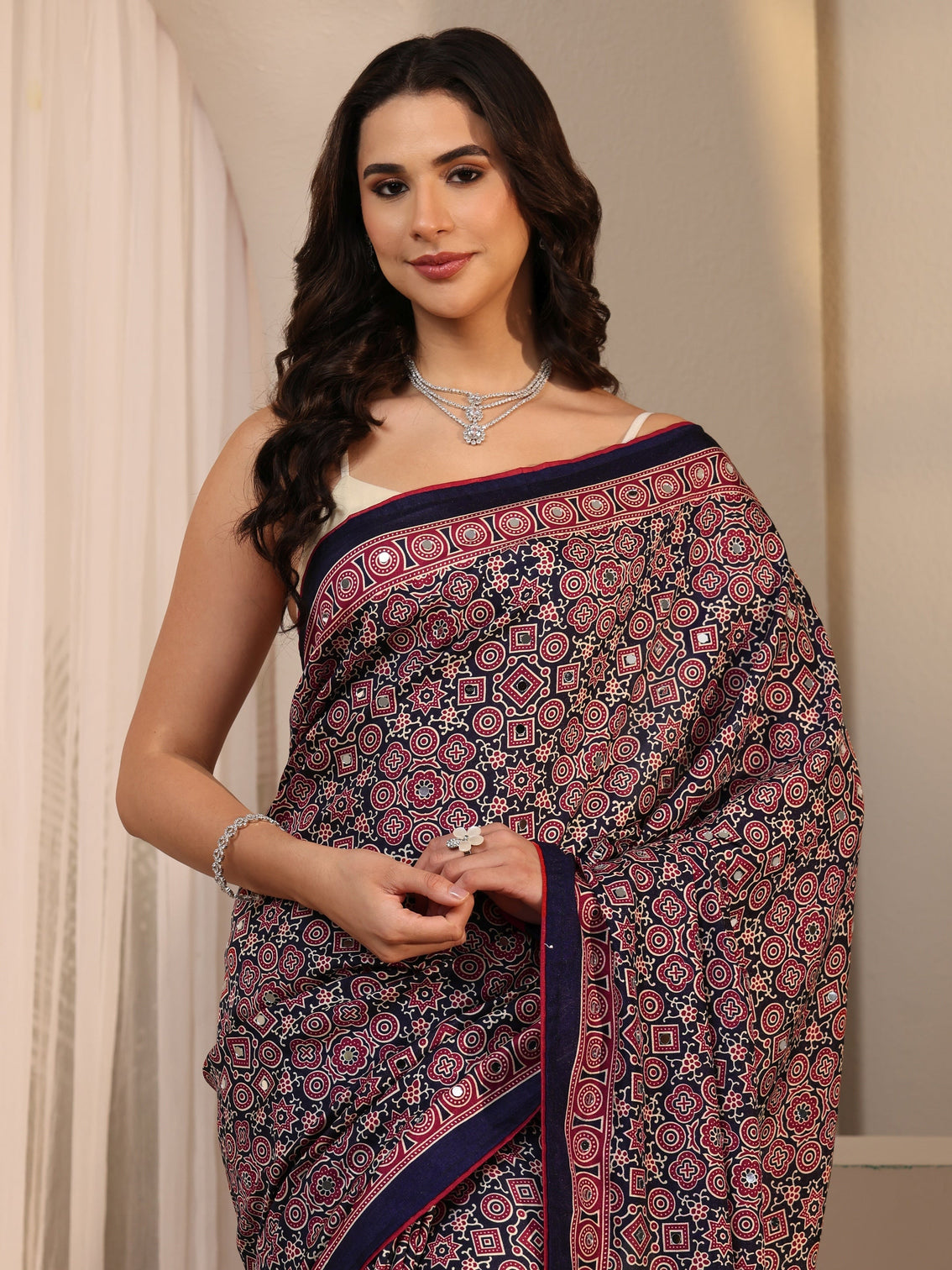 Mameraa Blue Ajrakh Printed Silk Blend Saree