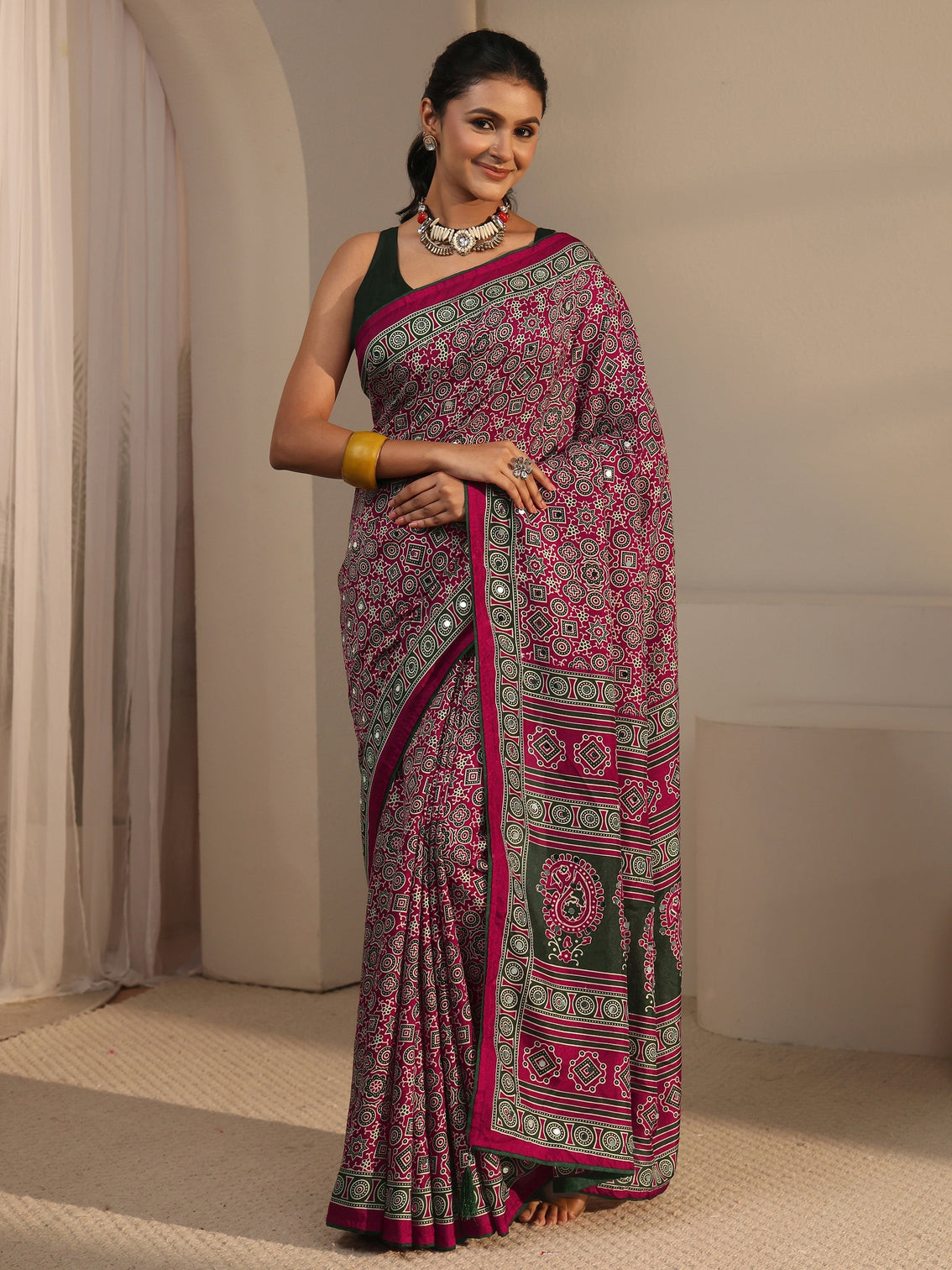 Mameraa Pink Ajrakh Printed Silk Blend Saree