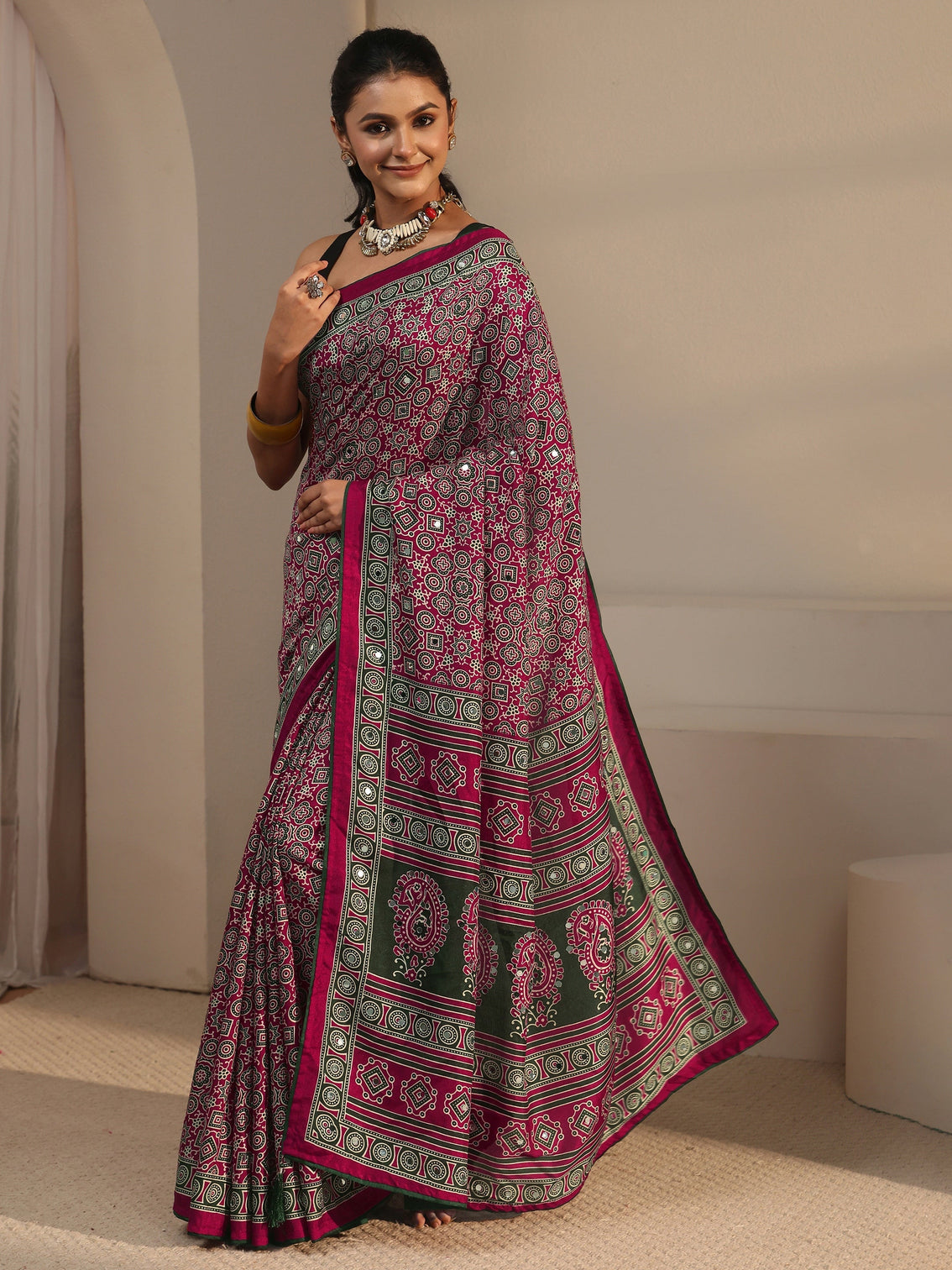 Mameraa Pink Ajrakh Printed Silk Blend Saree