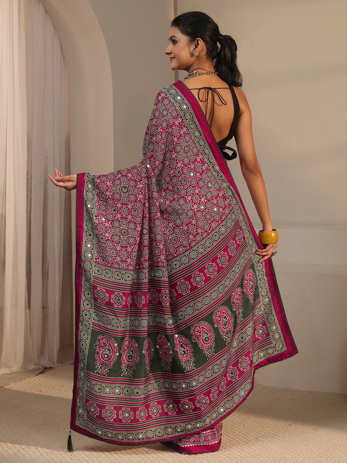Mameraa Pink Ajrakh Printed Silk Blend Saree