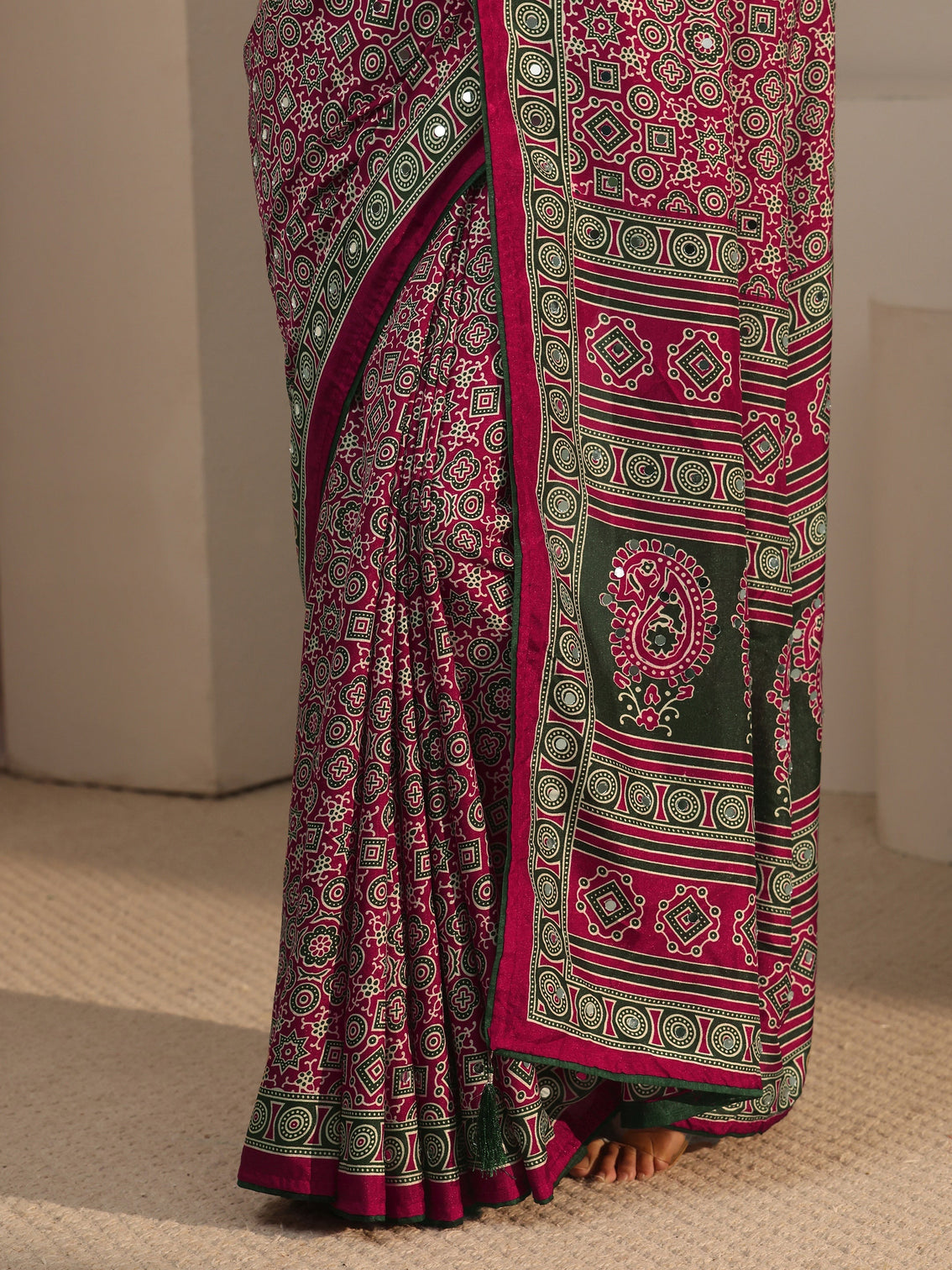 Mameraa Pink Ajrakh Printed Silk Blend Saree