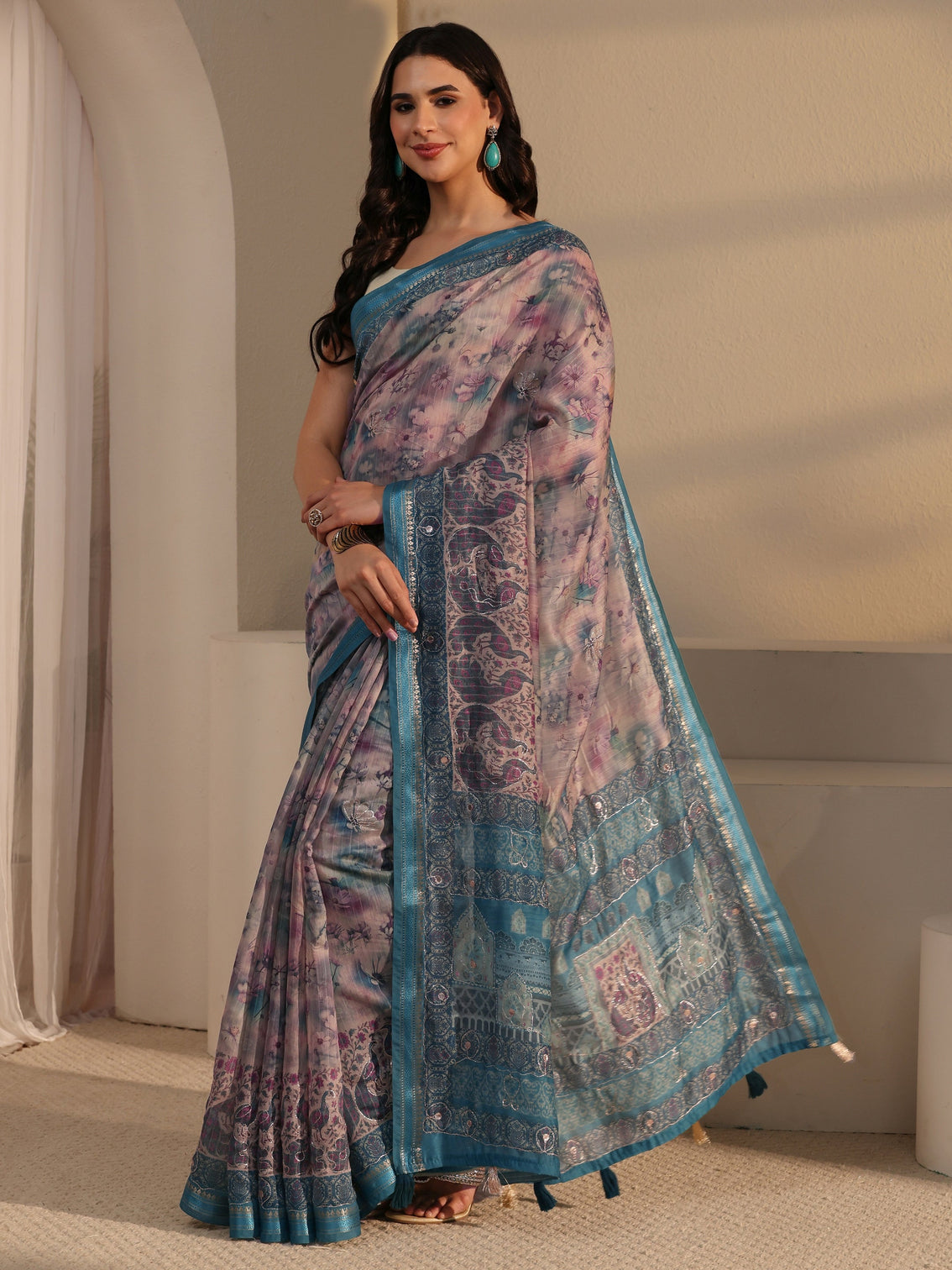 Mameraa Blue Floral Printed Cotton Blend Saree
