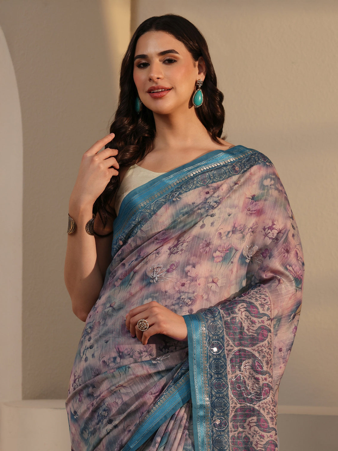 Mameraa Blue Floral Printed Cotton Blend Saree