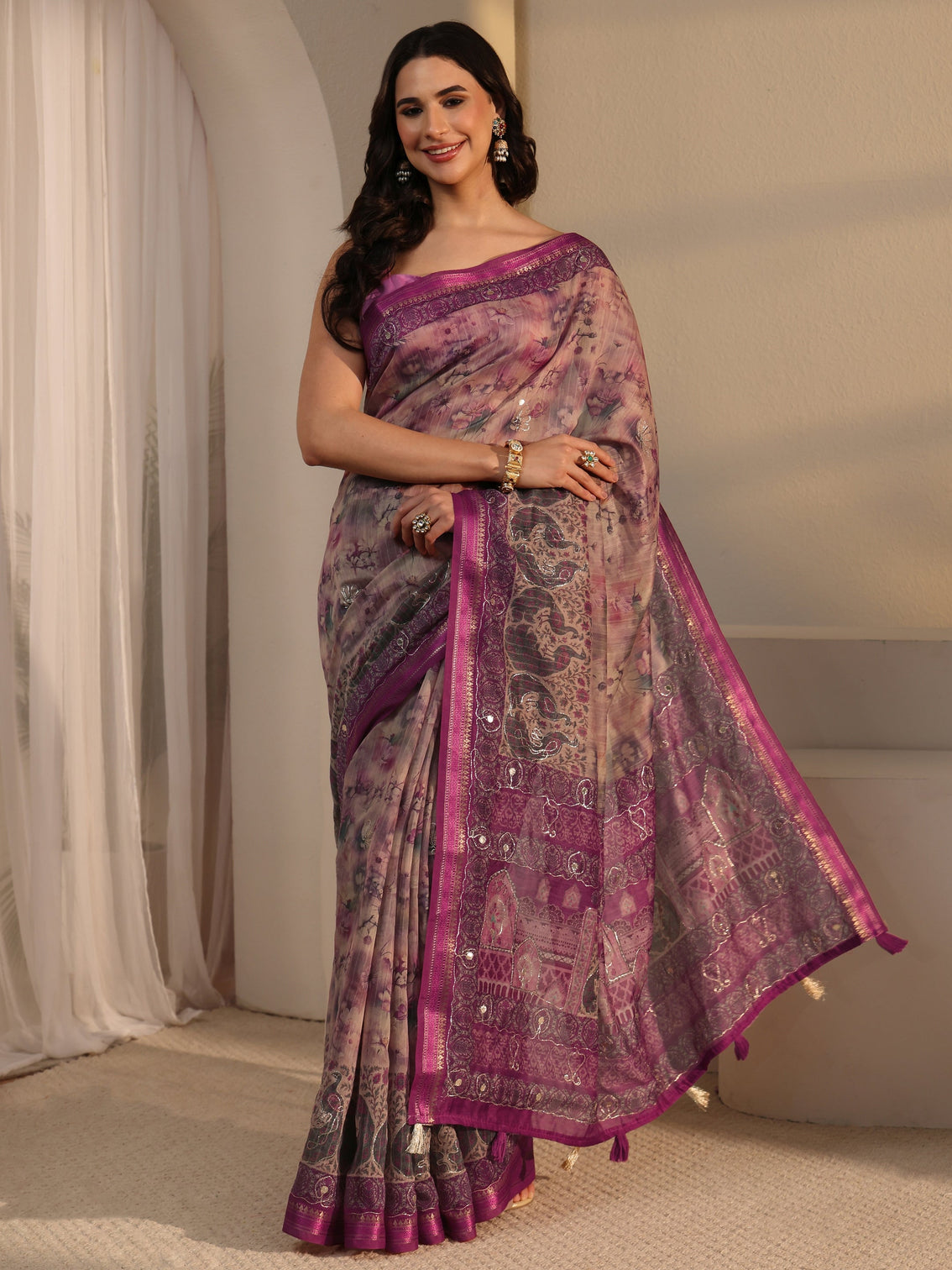 Mameraa Pink Floral Printed Cotton Blend Saree