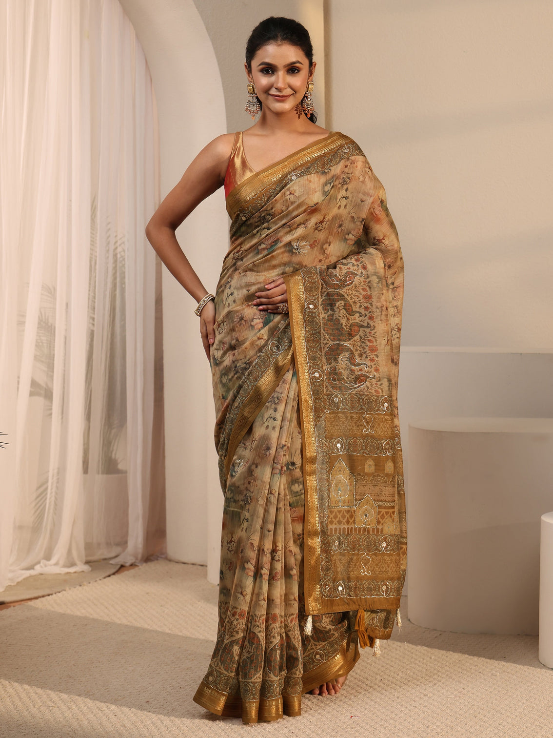 Mameraa Mustard Floral Printed Cotton Blend Saree