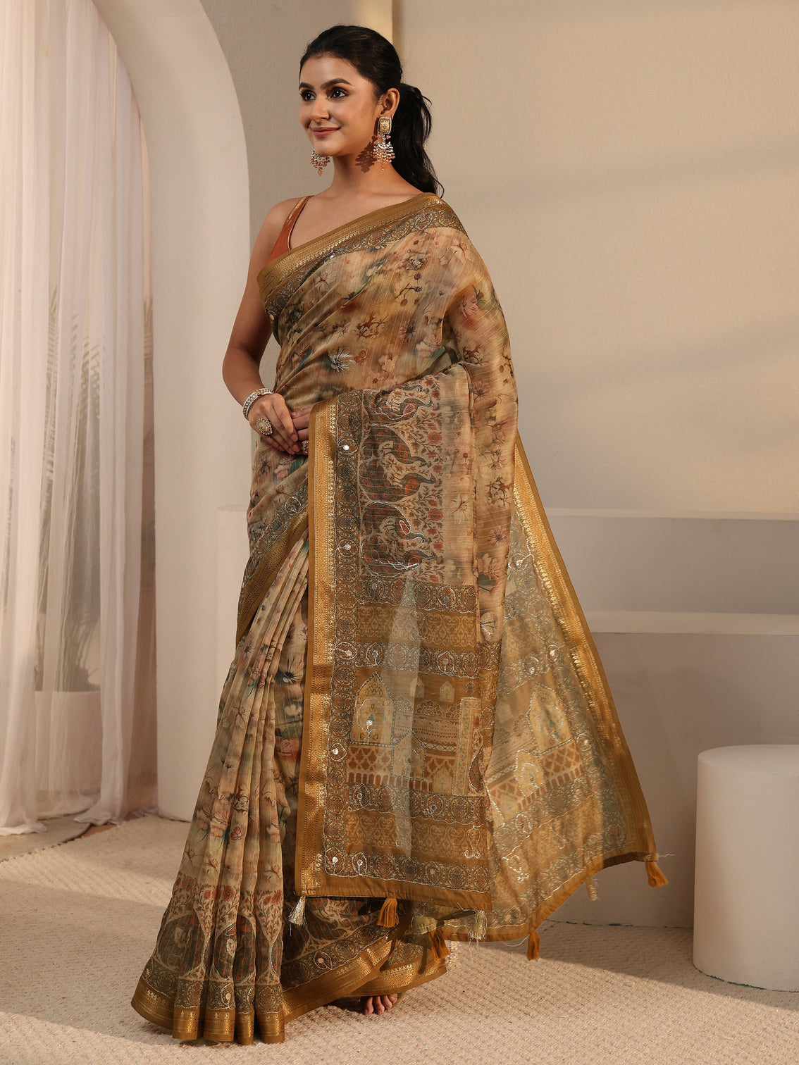 Mameraa Mustard Floral Printed Cotton Blend Saree