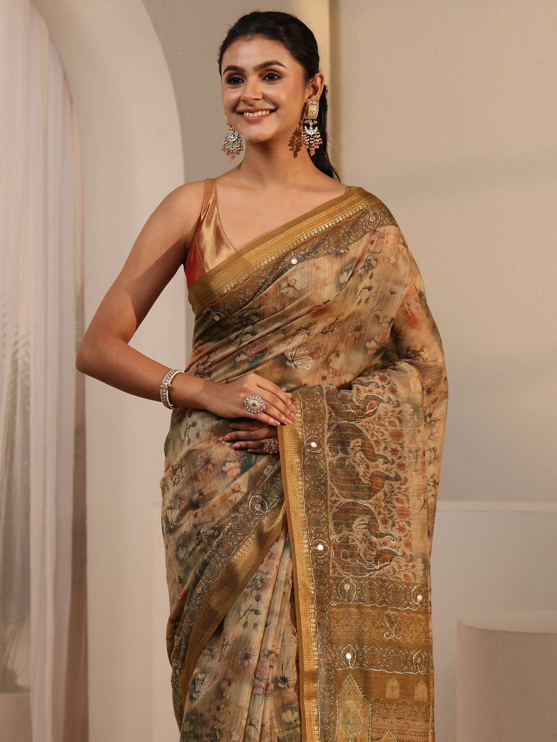 Mameraa Mustard Floral Printed Cotton Blend Saree